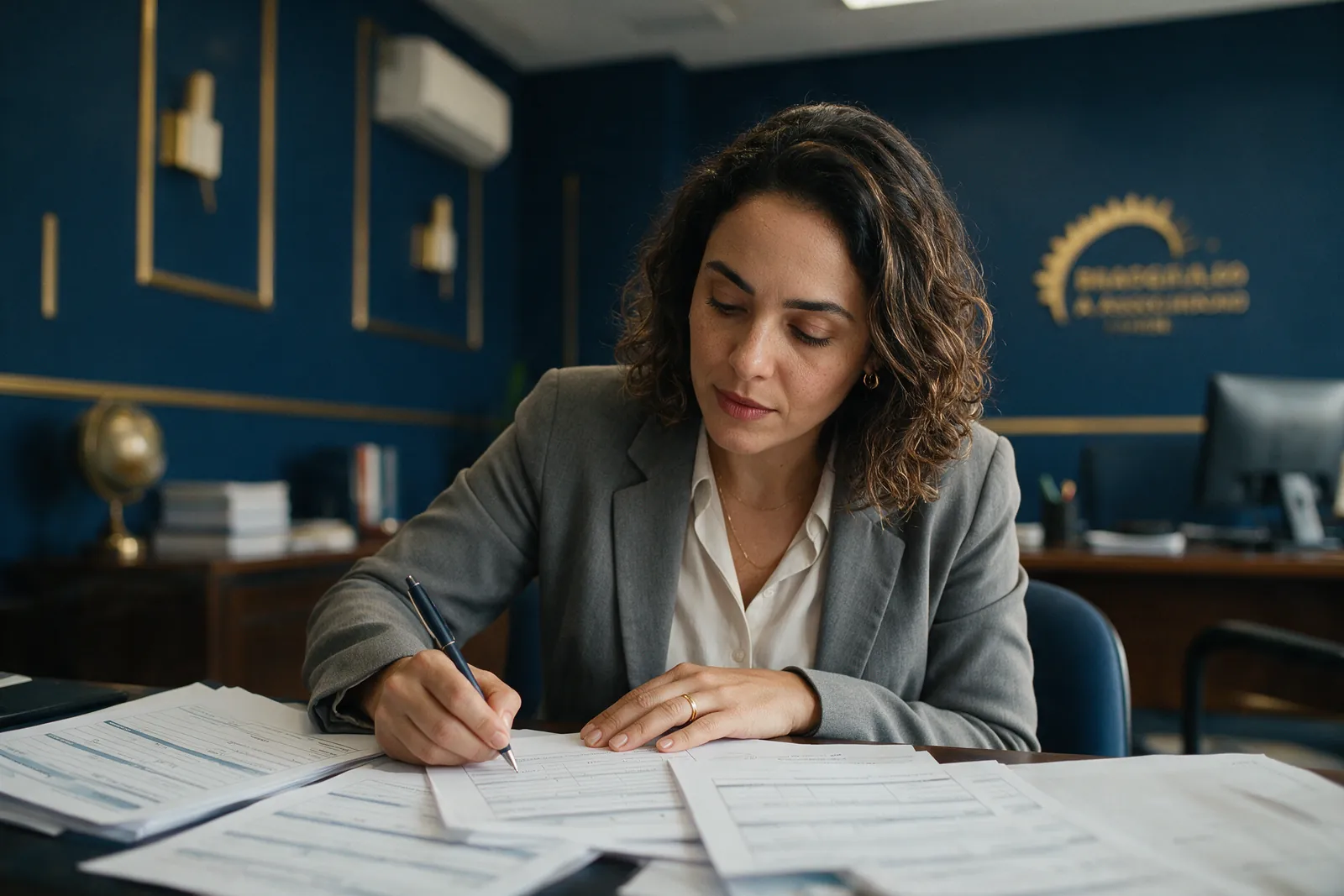 Profissional autônoma preenchendo formulários em uma mesa de escritório