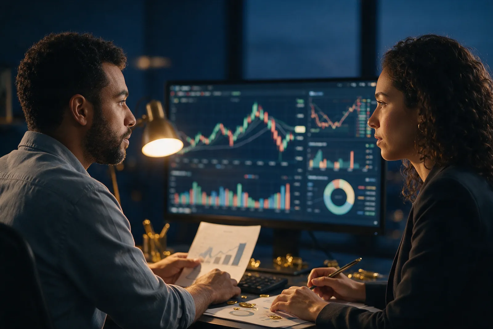 Dois analistas observando gráficos em um monitor, em um escritório azul-marinho ao entardecer