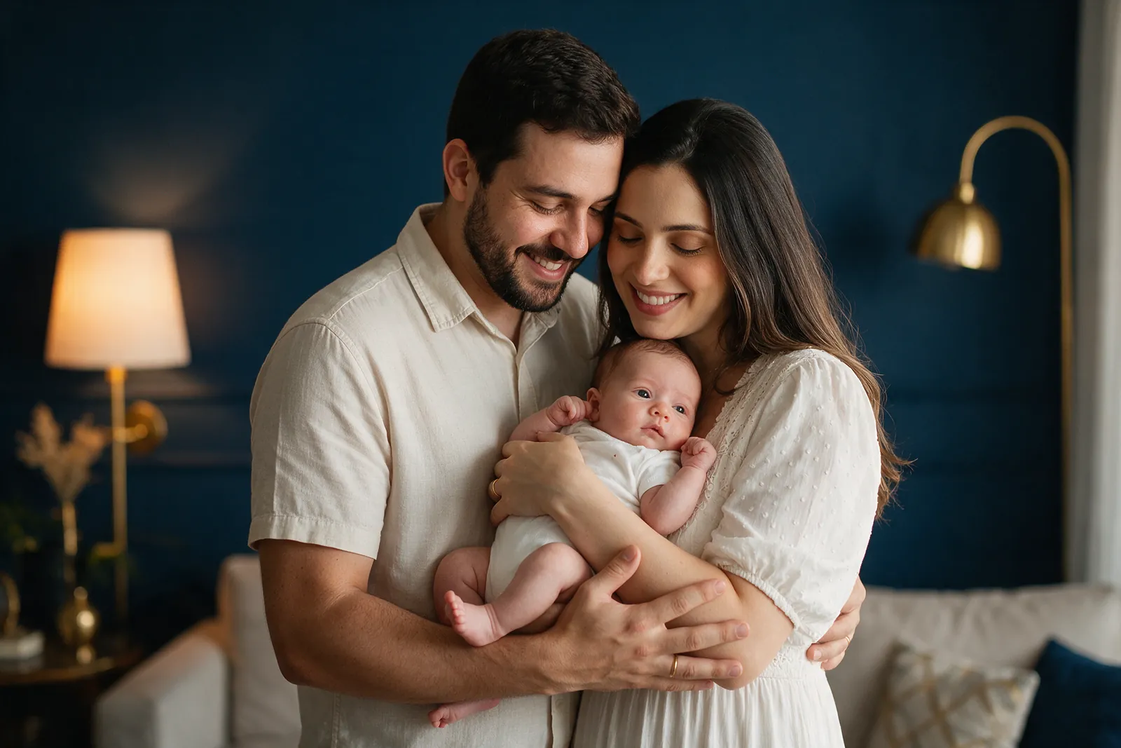 Pai e mãe segurando o bebê recém-nascido na sala de casa