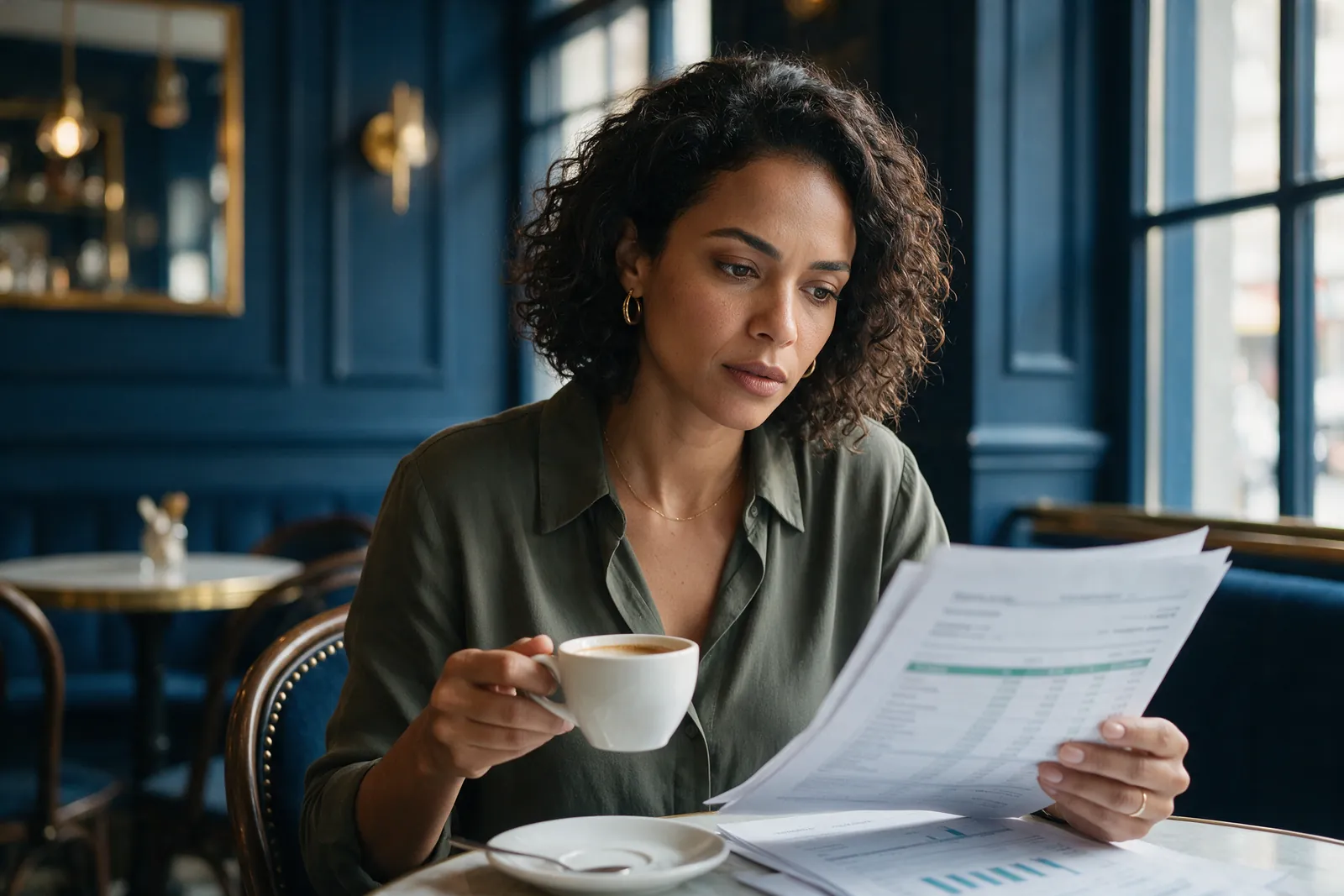 Mulher lendo documentos financeiros com uma xícara de café