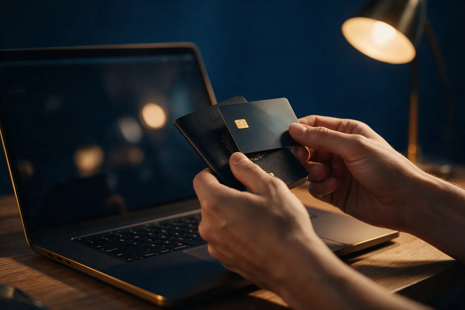 Mãos segurando um cartão de crédito e um passaporte diante de um notebook