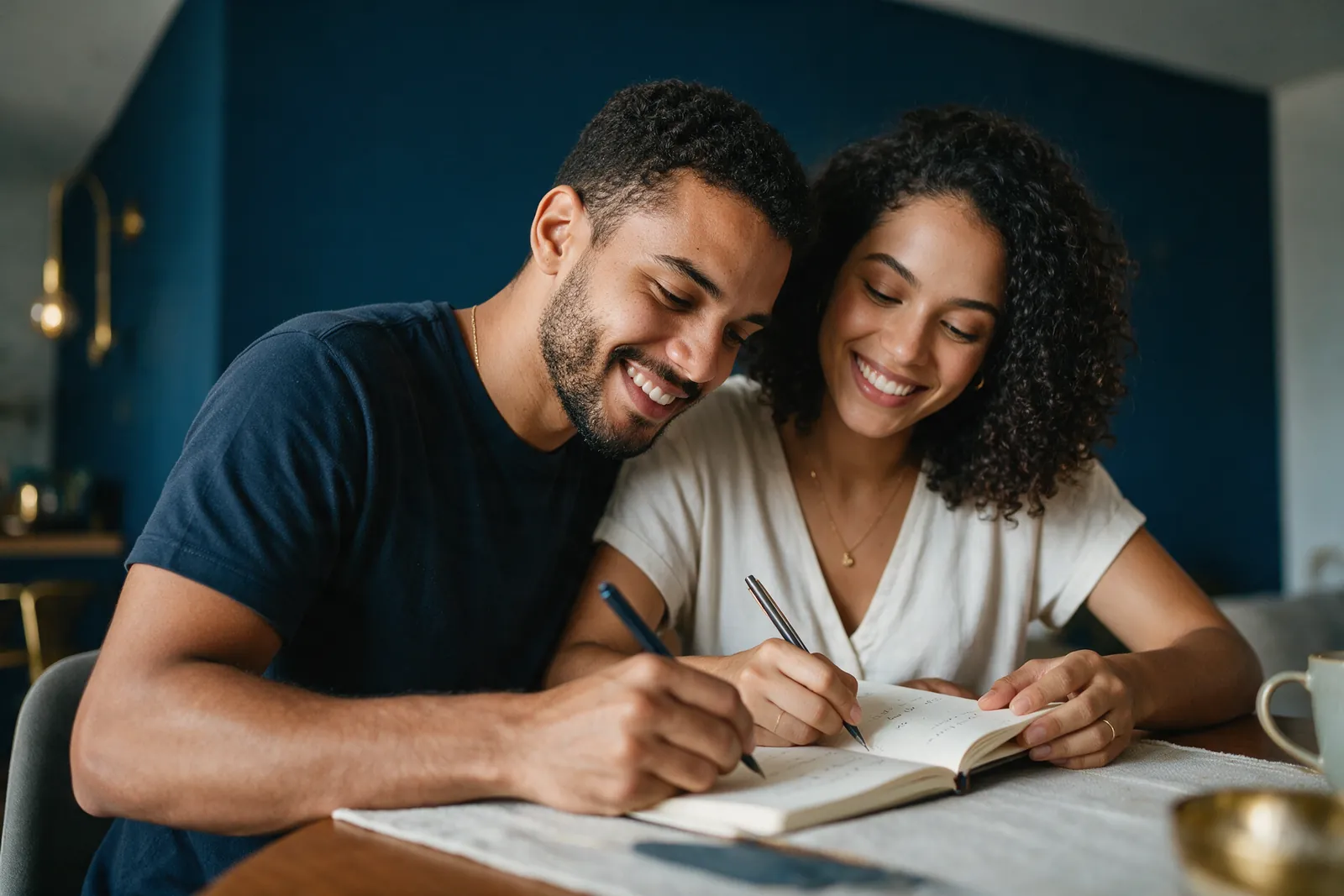 Casal anotando metas de poupança em um caderno na mesa de jantar