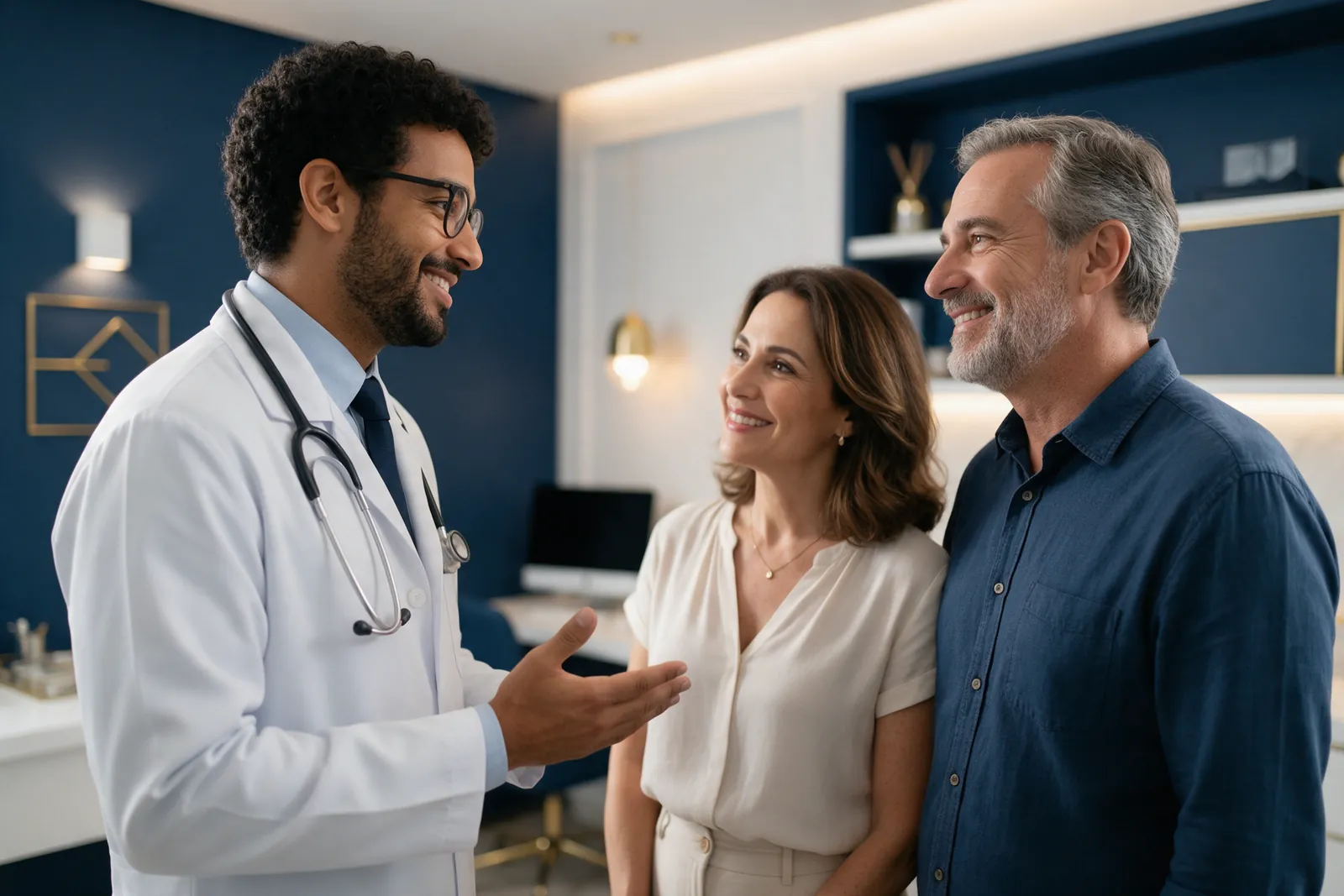 Médico conversando com um casal em um consultório moderno com tons de azul-marinho