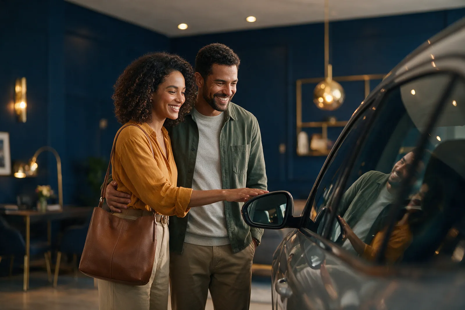 Casal admirando um carro novo em uma concessionária