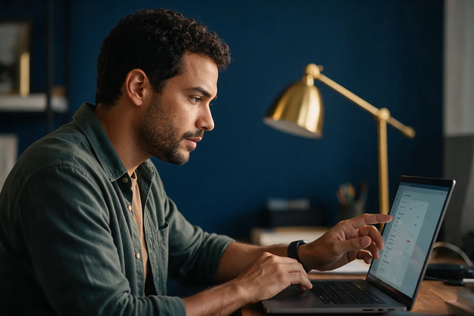 Homem conferindo informações com atenção no notebook, em um escritório em casa