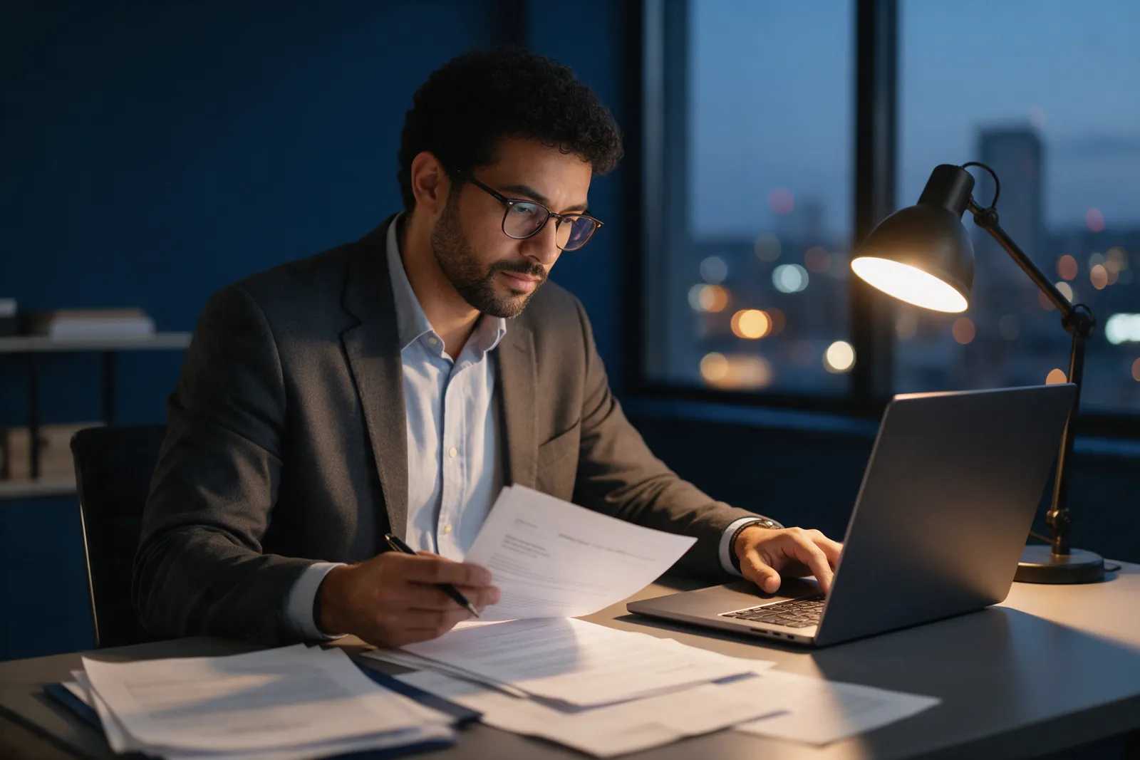 Consultor analisando contratos e um notebook à noite, em um escritório azul-marinho