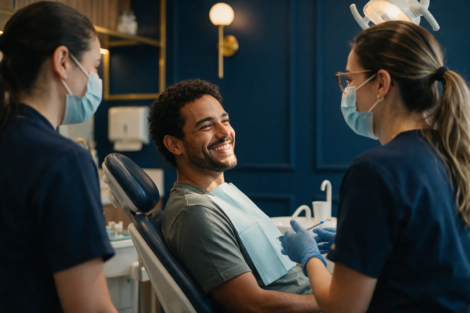 Paciente sorridente na cadeira do dentista, conversando com a dentista e a assistente