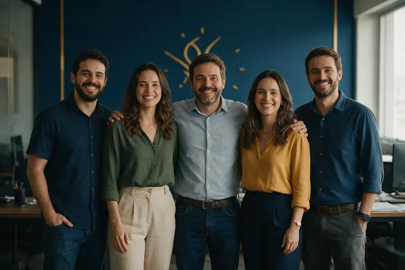 Equipe de uma pequena empresa sorrindo junta no escritório