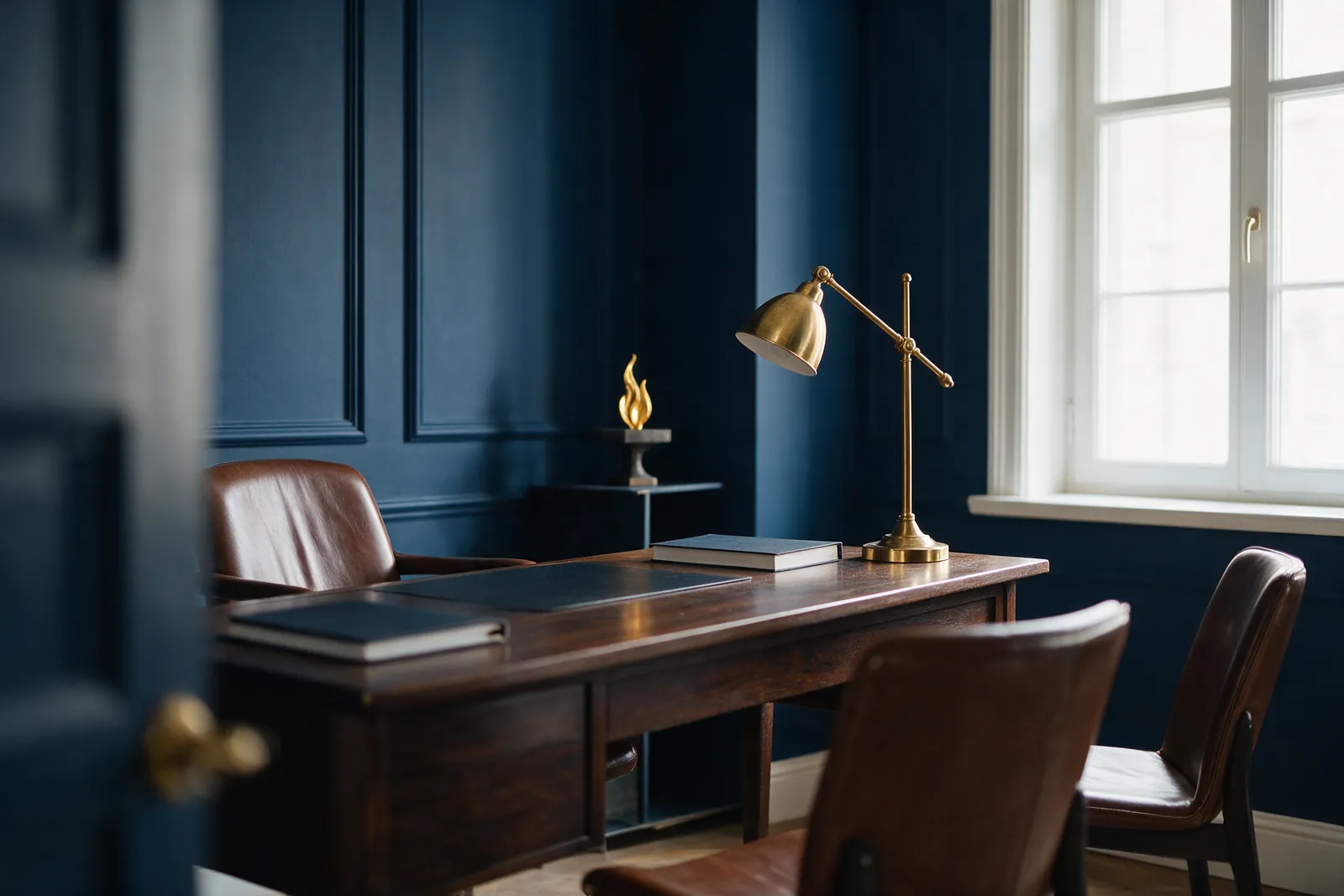 Escritório elegante em azul-marinho, com mesa de madeira, luminária dourada e uma pequena chama dourada na estante