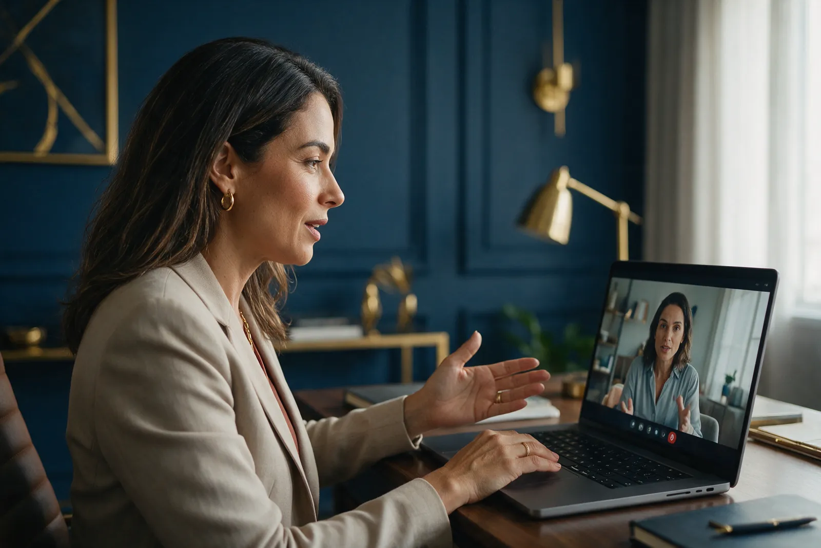 Executiva em videochamada no notebook, em um escritório em casa