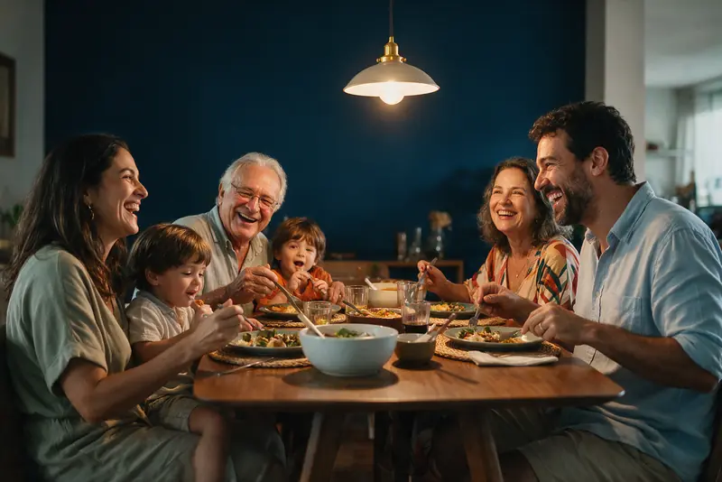 Família de três gerações jantando junta em casa