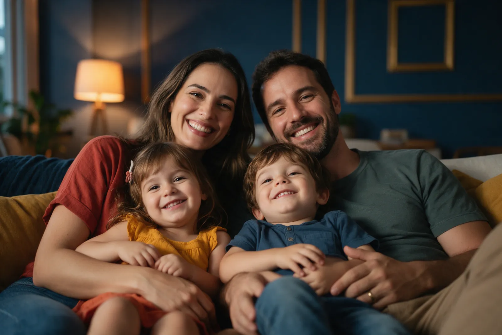 Família com dois filhos pequenos sorrindo no sofá da sala, à luz de um abajur