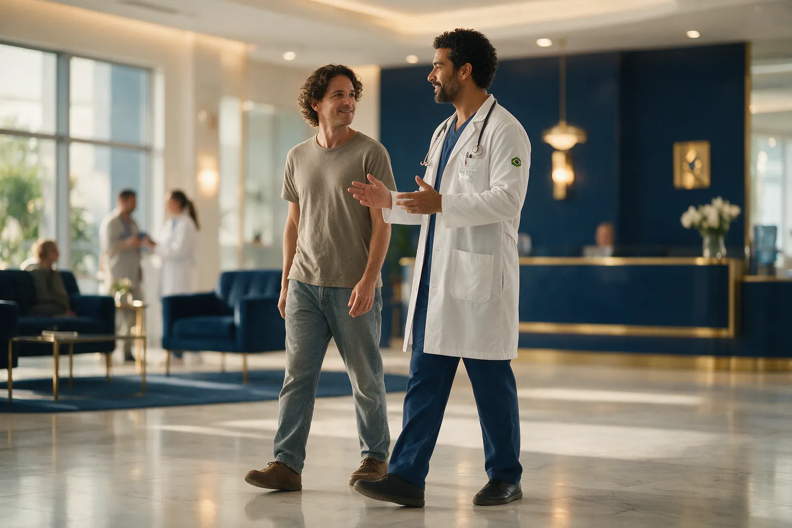 Médico conversando com um paciente no saguão de um hospital moderno