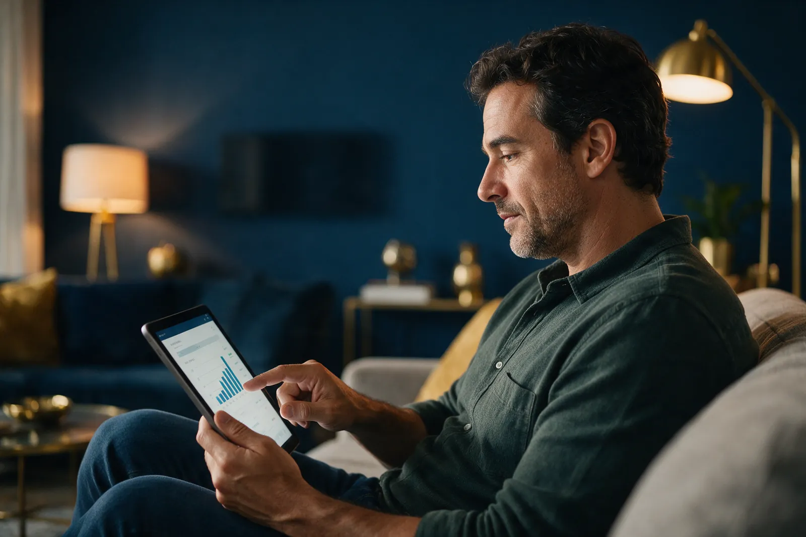 Homem analisando investimentos para a aposentadoria em um tablet, na sala de casa