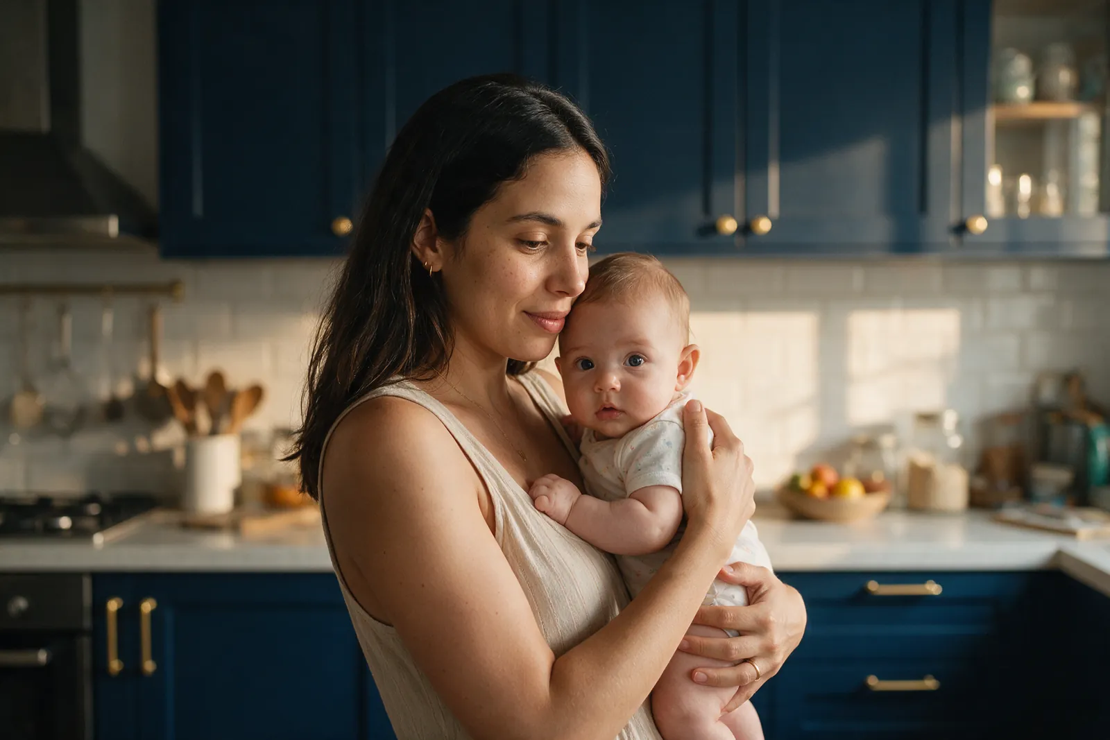 Mãe segurando o bebê no colo na cozinha de casa