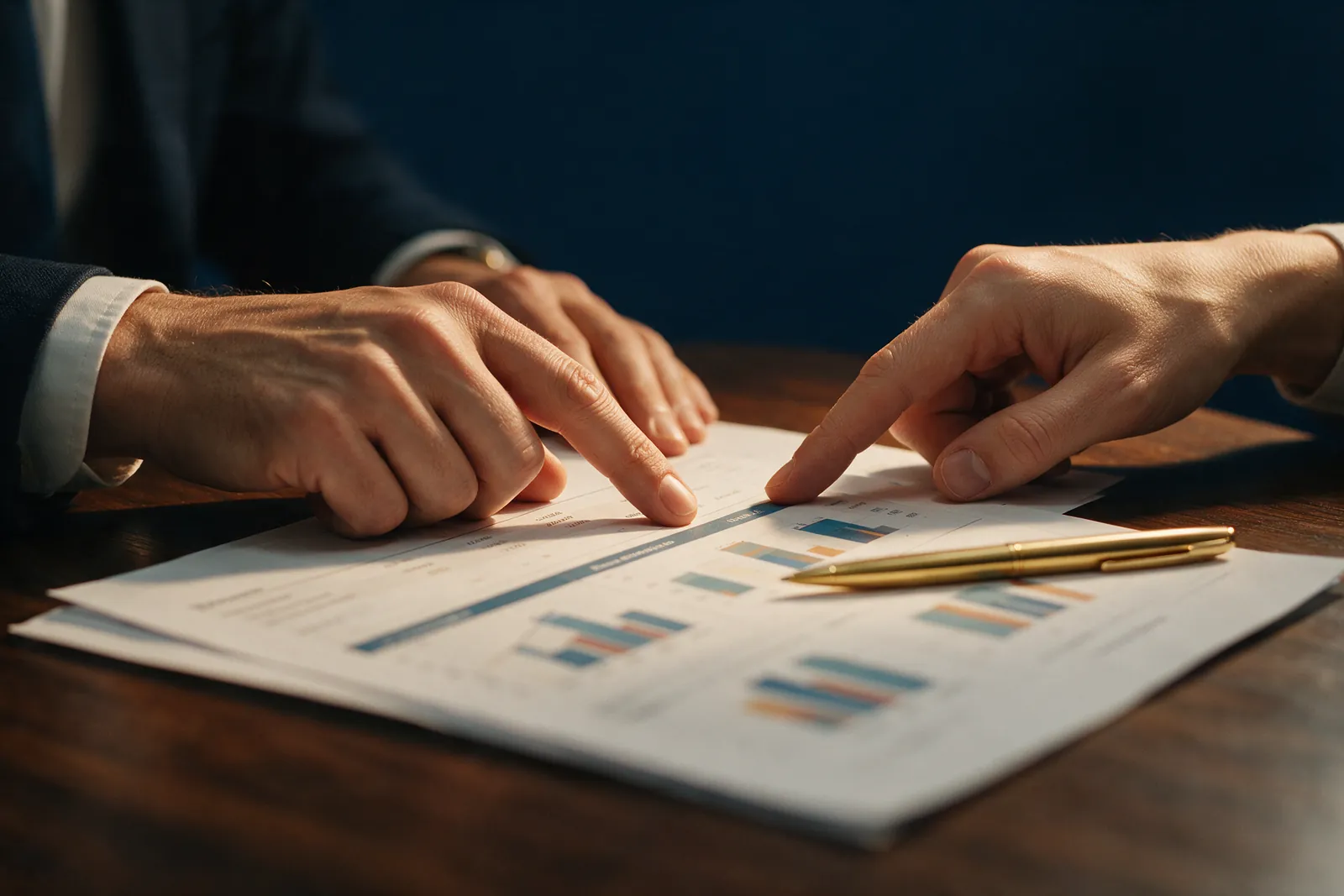 Mãos de um consultor e de um cliente apontando documentos de comparação sobre a mesa