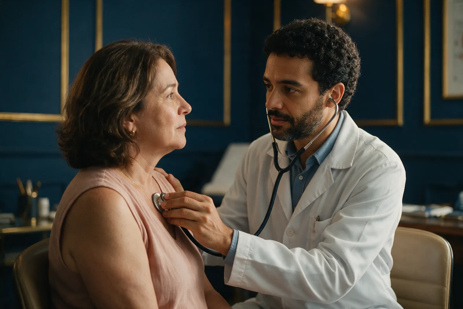 Médico auscultando uma paciente em um consultório azul-marinho