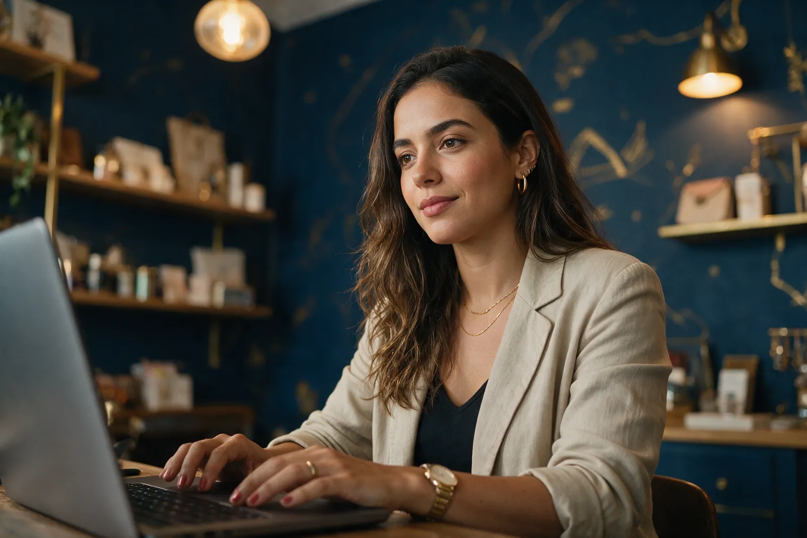 Jovem empreendedora trabalhando no notebook dentro da sua pequena loja