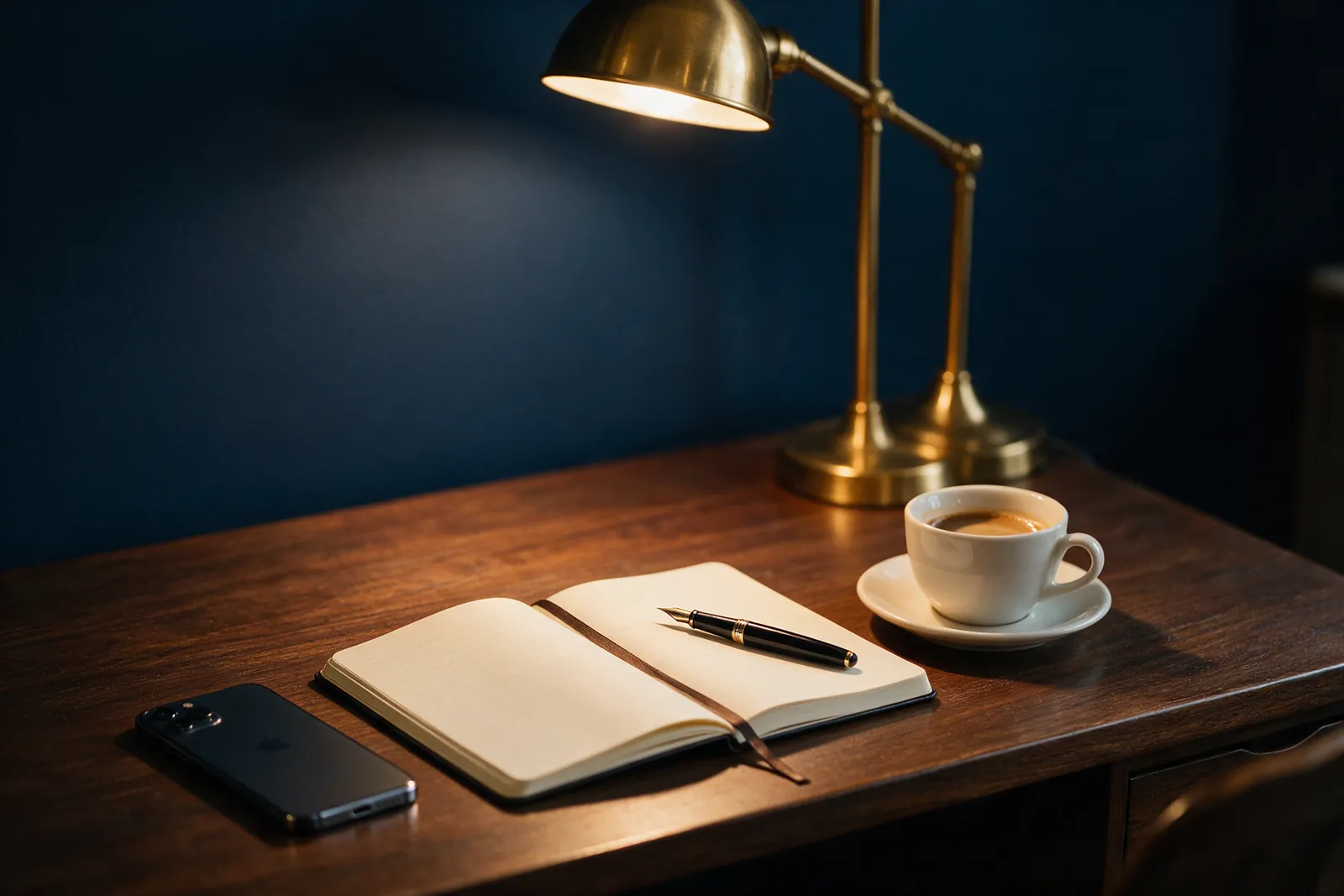 Mesa de madeira com celular, caderno aberto, caneta e café, à luz de uma luminária