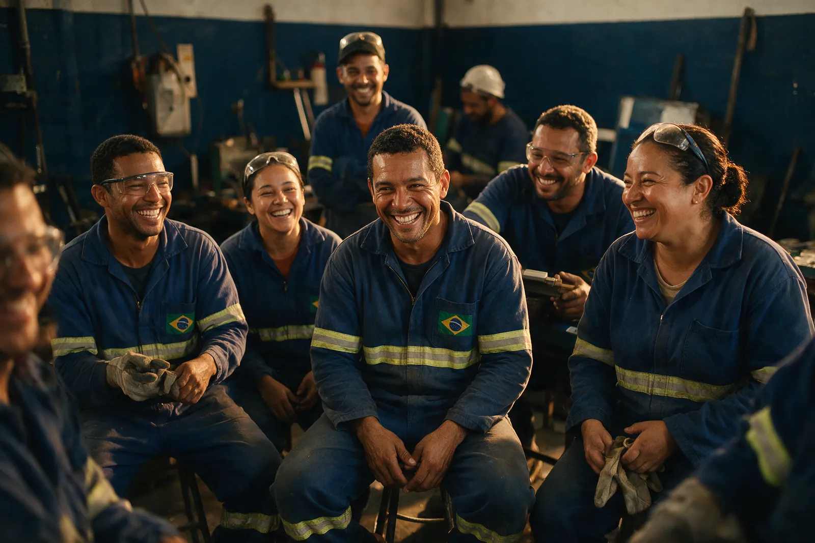 Equipe de trabalhadores sorrindo juntos durante uma pausa em uma oficina
