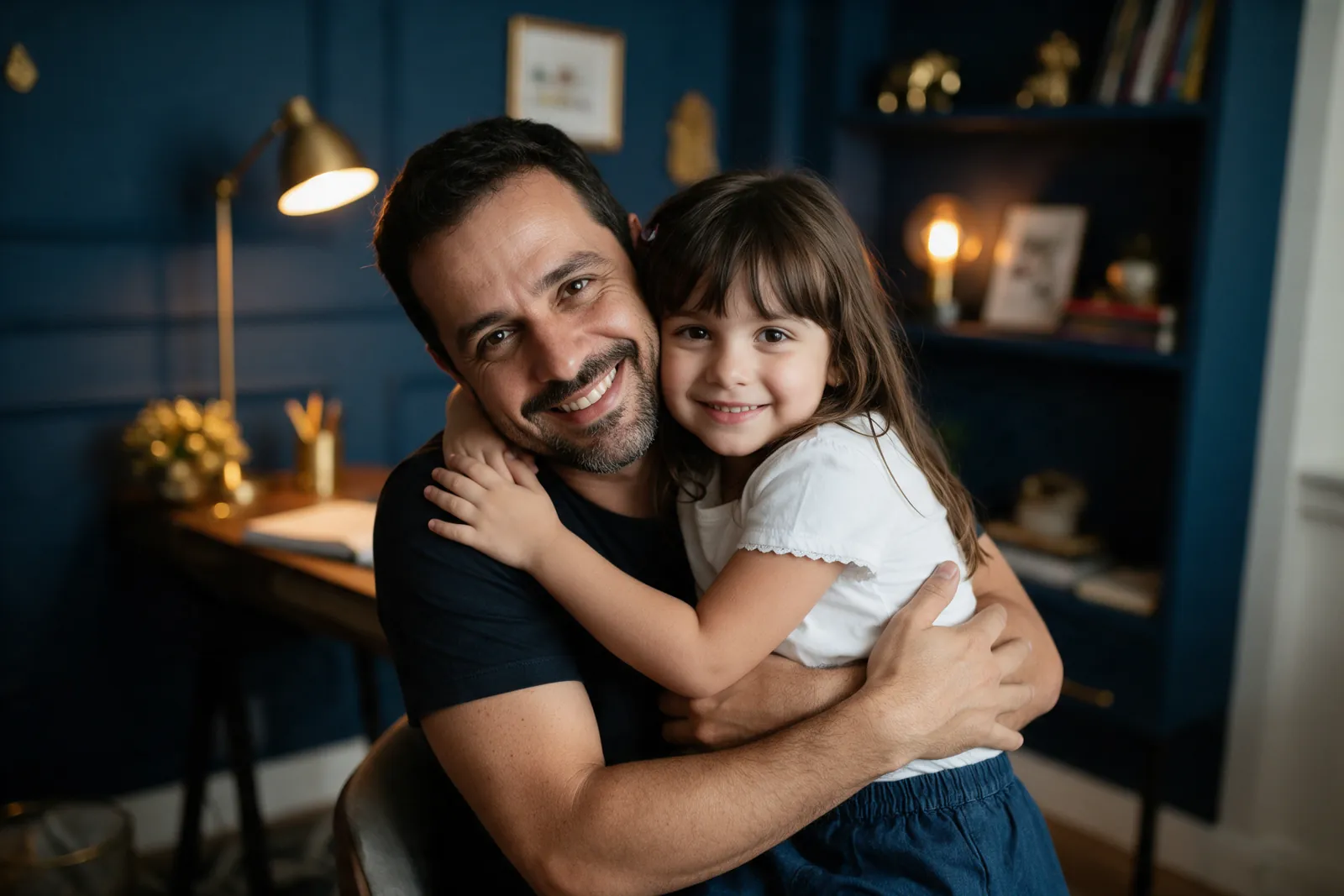 Pai abraçando a filha pequena em um escritório doméstico com luz quente