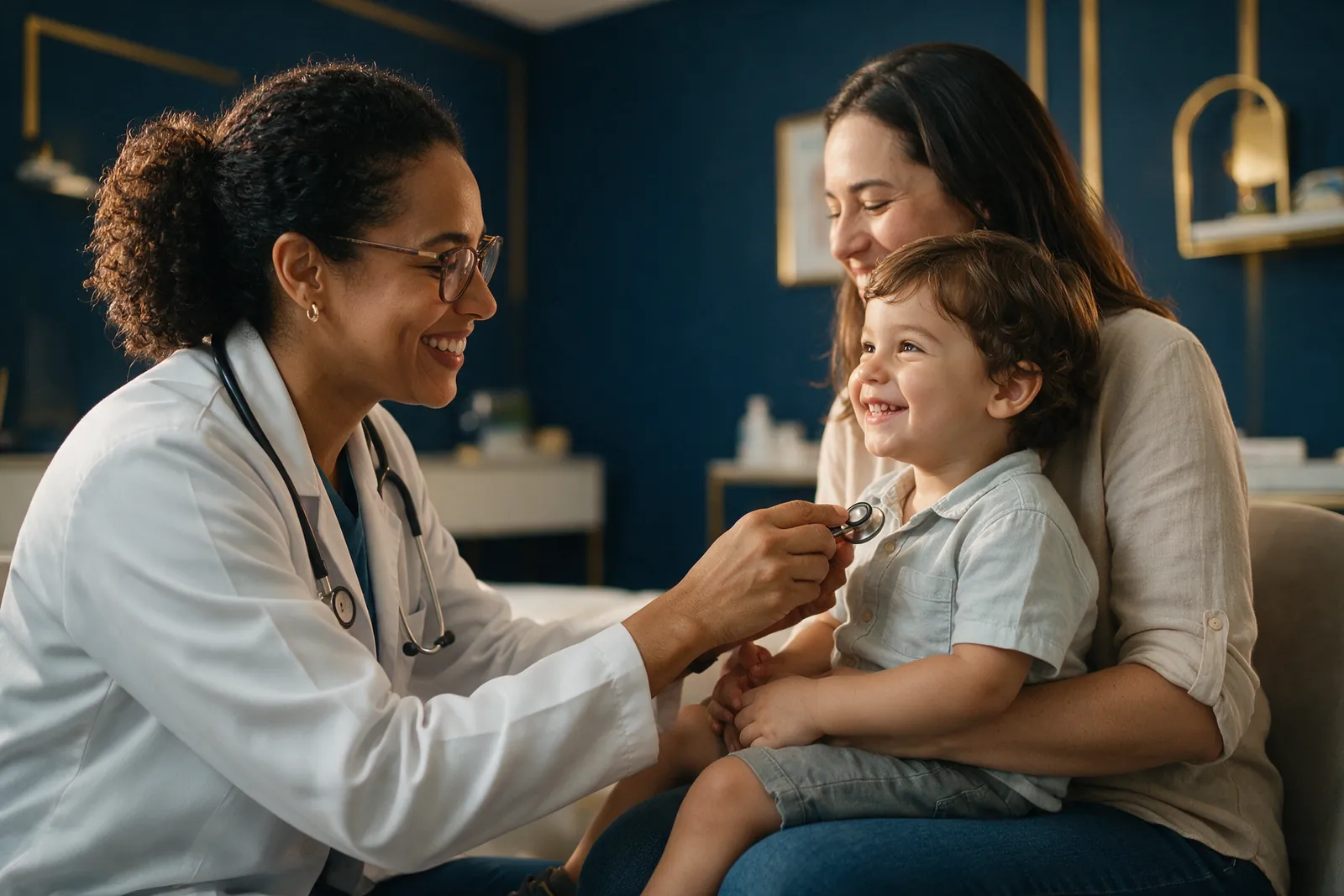 Pediatra examinando uma criança sorridente no colo da mãe