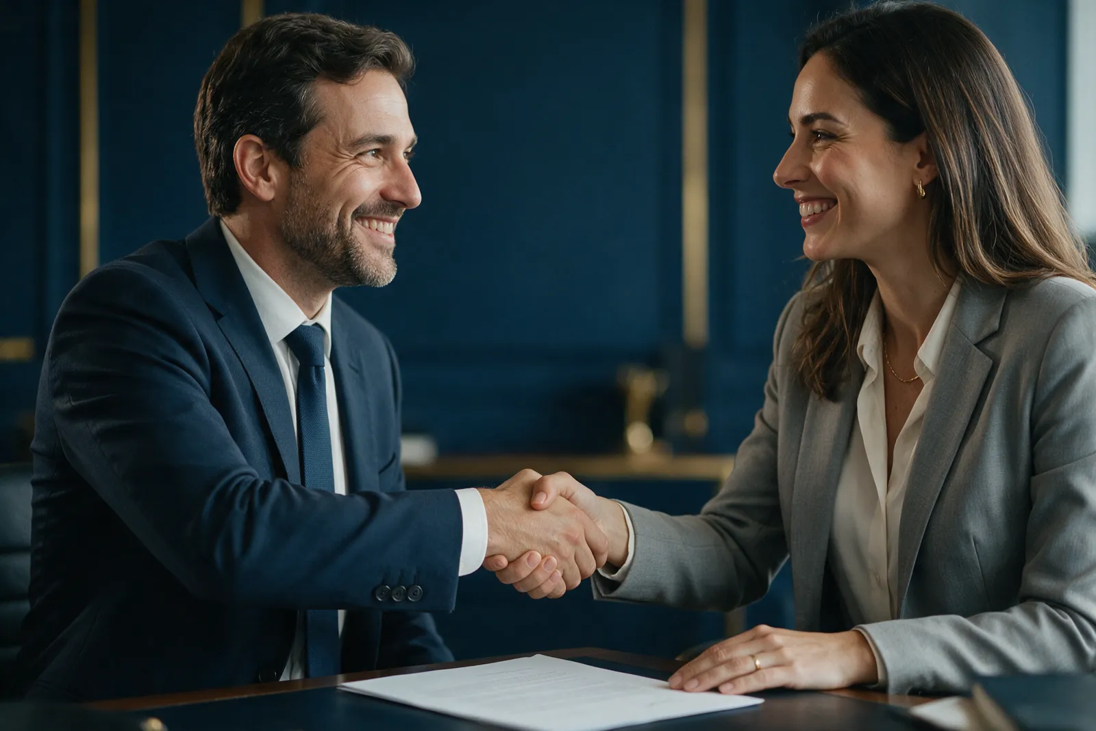 Dois sócios apertando as mãos depois de assinar um documento