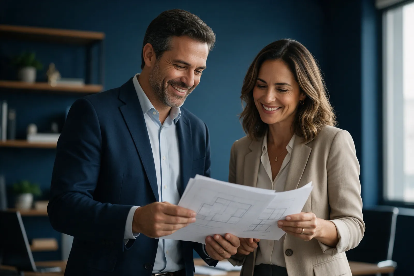 Dois sócios sorrindo enquanto analisam uma planta em um escritório azul-marinho