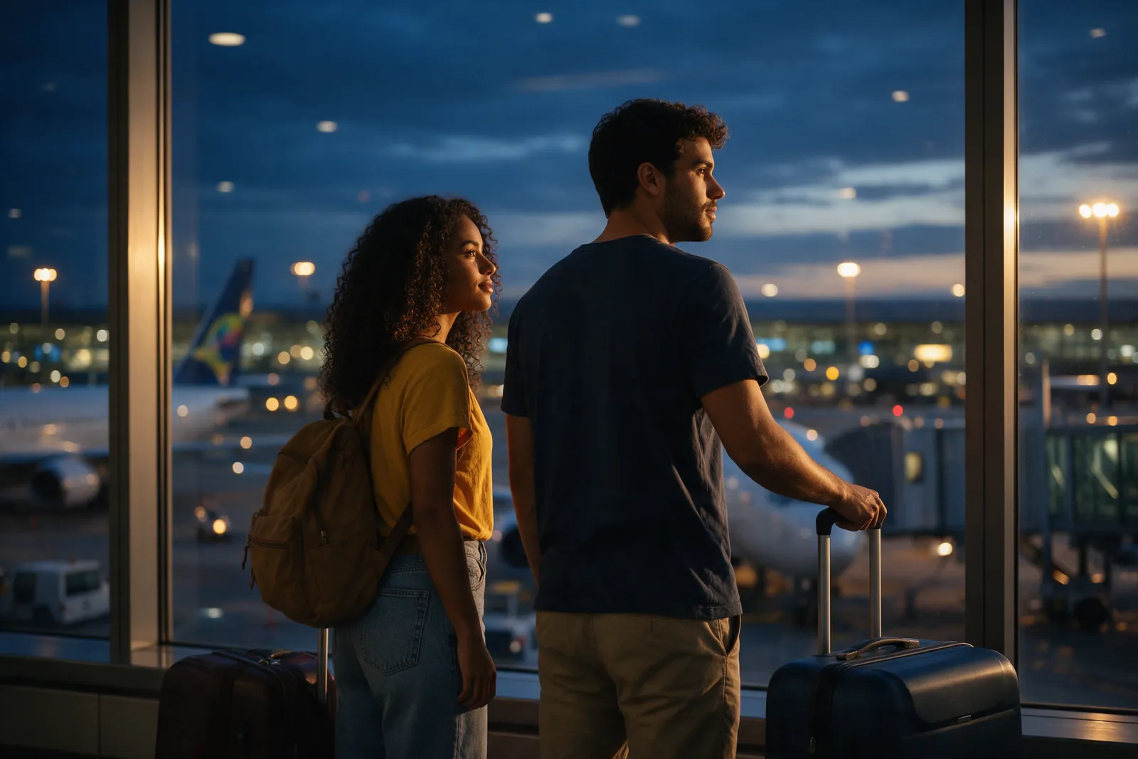 Casal de viajantes com malas olhando a pista do aeroporto ao anoitecer